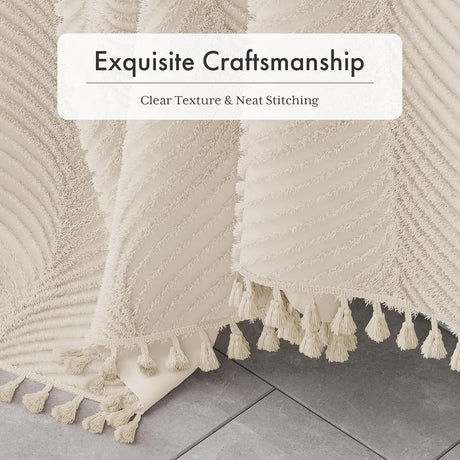 AmazerBath Tufted Farmhouse Shower Curtain with Tassels in Herringbone, product gallery view highlighting the design and f...
