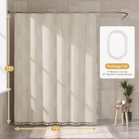 AmazerBath Tufted Farmhouse Shower Curtain with Tassels in Herringbone, product gallery view highlighting the design and f...