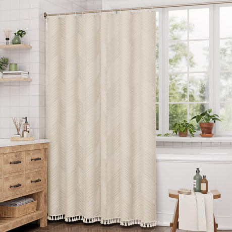 AmazerBath Tufted Farmhouse Shower Curtain with Tassels in Herringbone, product gallery view highlighting the design and f...