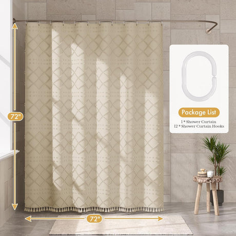 AmazerBath Tufted Farmhouse Shower Curtain with Tassels in Tufted Diamond, product gallery view highlighting the design an...