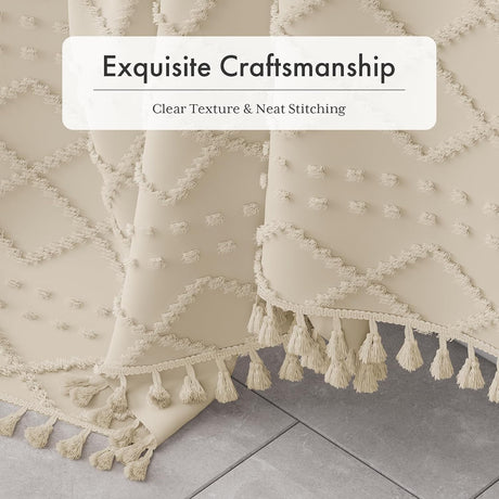 AmazerBath Tufted Farmhouse Shower Curtain with Tassels in Tufted Diamond, product gallery view highlighting the design an...