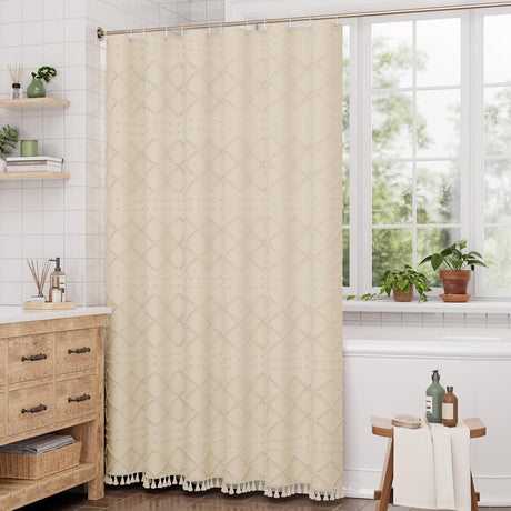 AmazerBath Tufted Farmhouse Shower Curtain with Tassels in Tufted Diamond, product gallery view highlighting the design an...