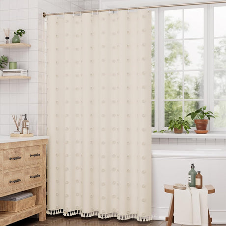 AmazerBath Tufted Farmhouse Shower Curtain with Tassels in Tufted Dot, product gallery view highlighting the design and fi...