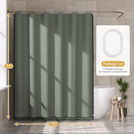 Green AmazerBath 72 x 72-inch farmhouse shower curtain with side and bottom tassels plus 12 hooks.