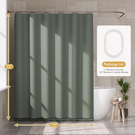 Green AmazerBath 72 x 72-inch farmhouse shower curtain with bottom tassels and 12 included hooks.