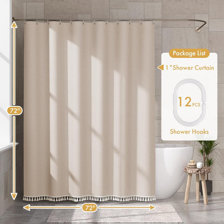 Natural AmazerBath farmhouse shower curtain size diagram, including one 72 x 72-inch curtain and 12 hooks.
