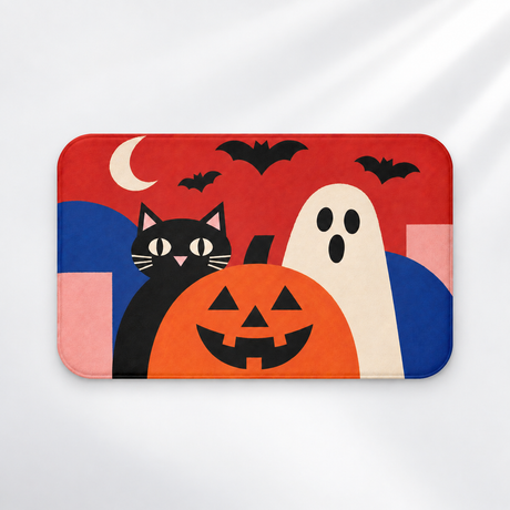 Geometric Halloween bath mat with a ghost, black cat and pumpkin on a light gray background