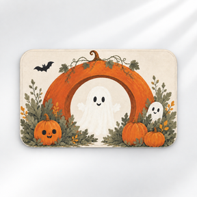 Ghost and pumpkin Halloween bath mat with an autumn arch design on a light gray background