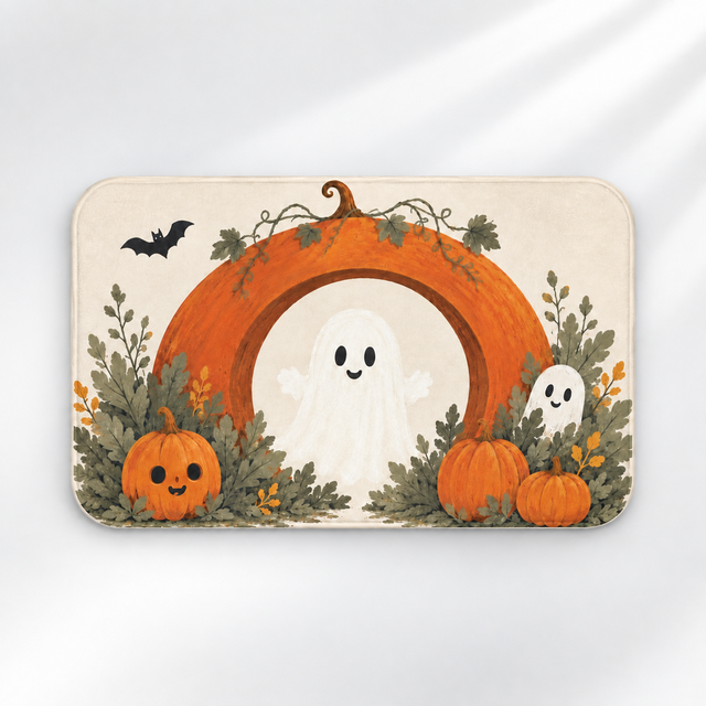 Ghost and pumpkin Halloween bath mat with an autumn arch design on a light gray background