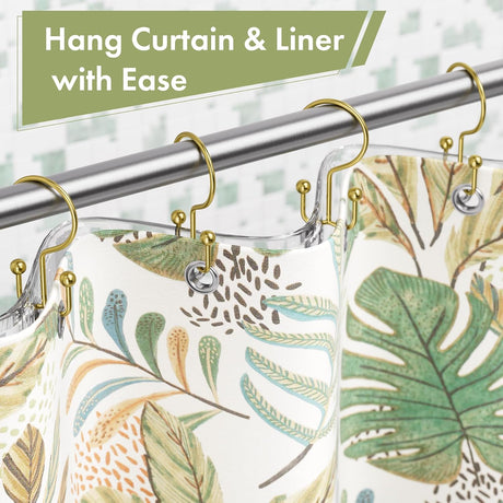 Gold double shower curtain hooks hanging a decorative curtain and liner separately with ease.