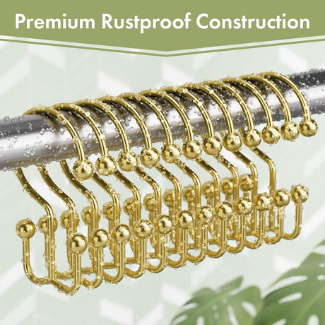 Set of 12 gold metal double shower curtain hooks with a premium rustproof finish on a shower rod.