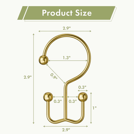Gold minimalist double shower curtain hook with detailed 2.9-inch dimensions and dual-hook measurements.