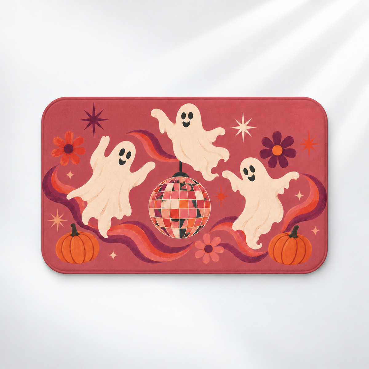 Groovy ghost Halloween bath mat with a disco ball and pumpkins on a light gray background