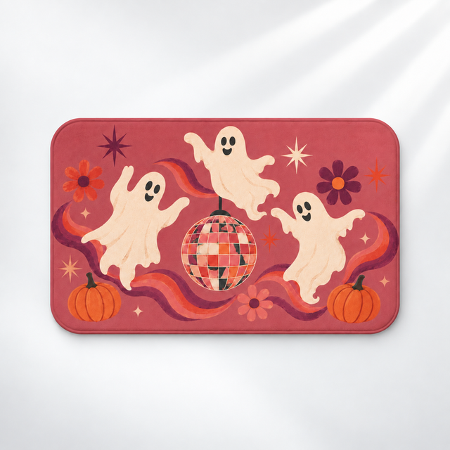 Groovy ghost Halloween bath mat with a disco ball and pumpkins on a light gray background