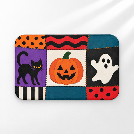 Halloween patchwork bath mat with ghosts, black cats and skeletons on a light gray background