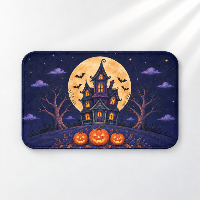 Haunted house Halloween bath mat with a full moon and glowing pumpkins on a light gray background