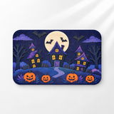 Haunted village Halloween bath mat with a moonlit sky and pumpkins on a light gray background