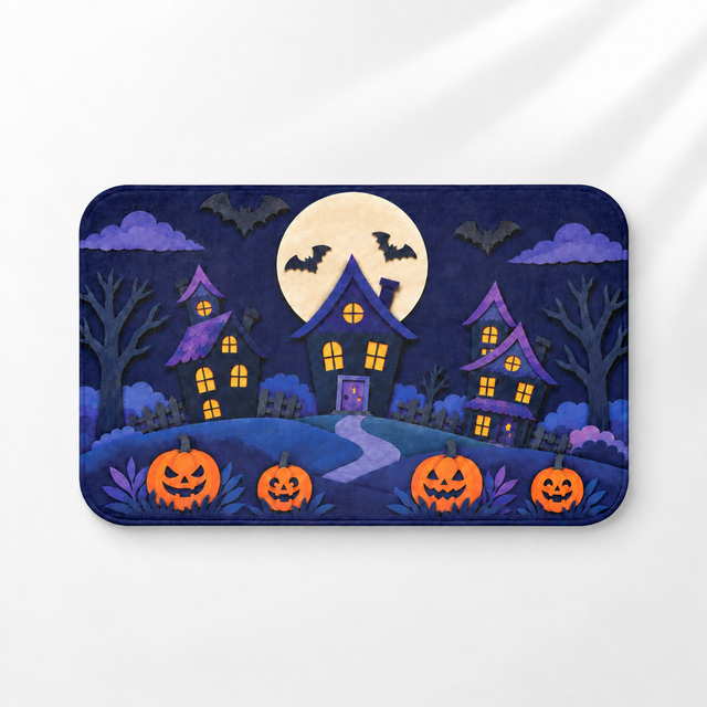 Haunted village Halloween bath mat with a moonlit sky and pumpkins on a light gray background