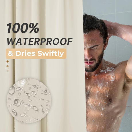 AmazerBath heavy duty 8G PEVA shower curtain liner in Beige, highlighting easy clean details.