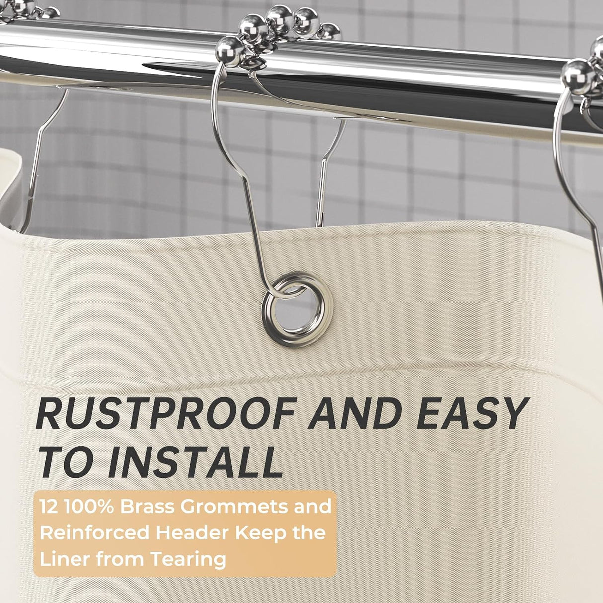 AmazerBath heavy duty 8G PEVA shower curtain liner in Beige, highlighting metal grommets details.