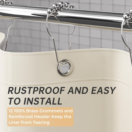 AmazerBath heavy duty 8G PEVA shower curtain liner in Beige, highlighting metal grommets details.