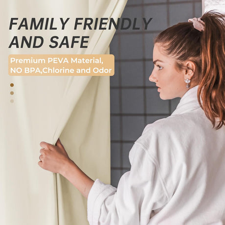 AmazerBath heavy duty 8G PEVA shower curtain liner in Beige, highlighting peva material details.