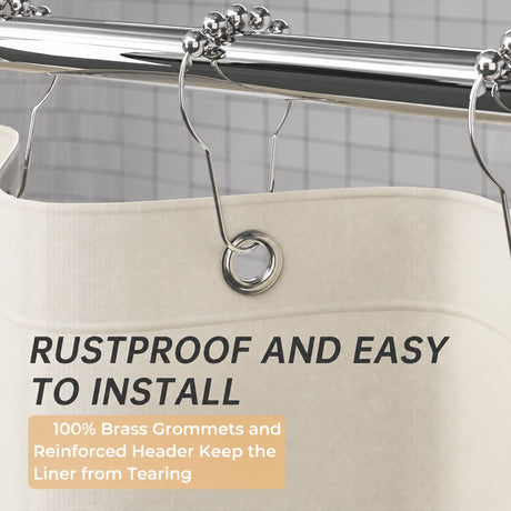AmazerBath heavy duty 8G PEVA shower curtain liner in Beige with rustproof brass grommets and reinforced header.