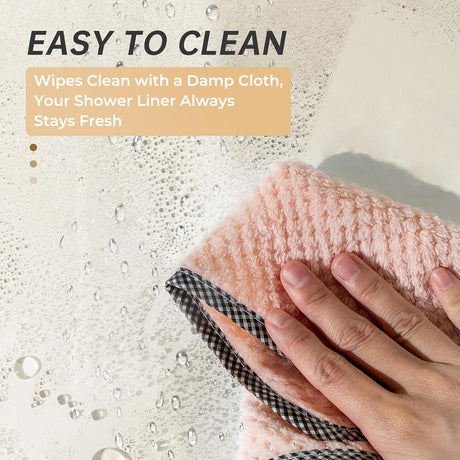 AmazerBath heavy duty 8G PEVA shower curtain liner in Beige, highlighting weighted stones details.