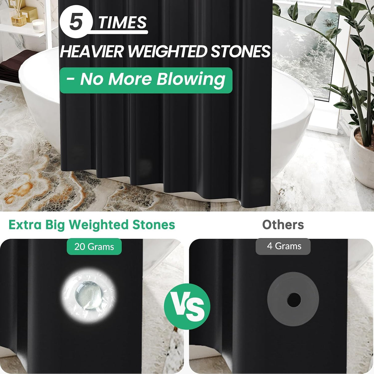 AmazerBath heavy duty 8G PEVA shower curtain liner in Black, 72"W x 72"L, shown as a waterproof weighted liner.