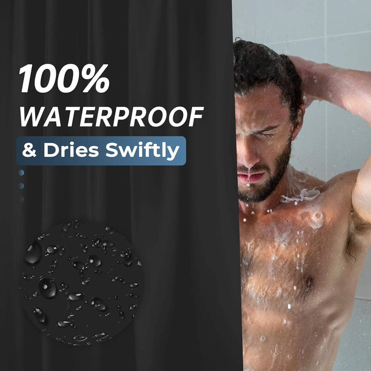 AmazerBath heavy duty 8G PEVA shower curtain liner in Black, highlighting easy clean details.