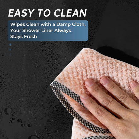 AmazerBath heavy duty 8G PEVA shower curtain liner in Black, highlighting weighted stones details.