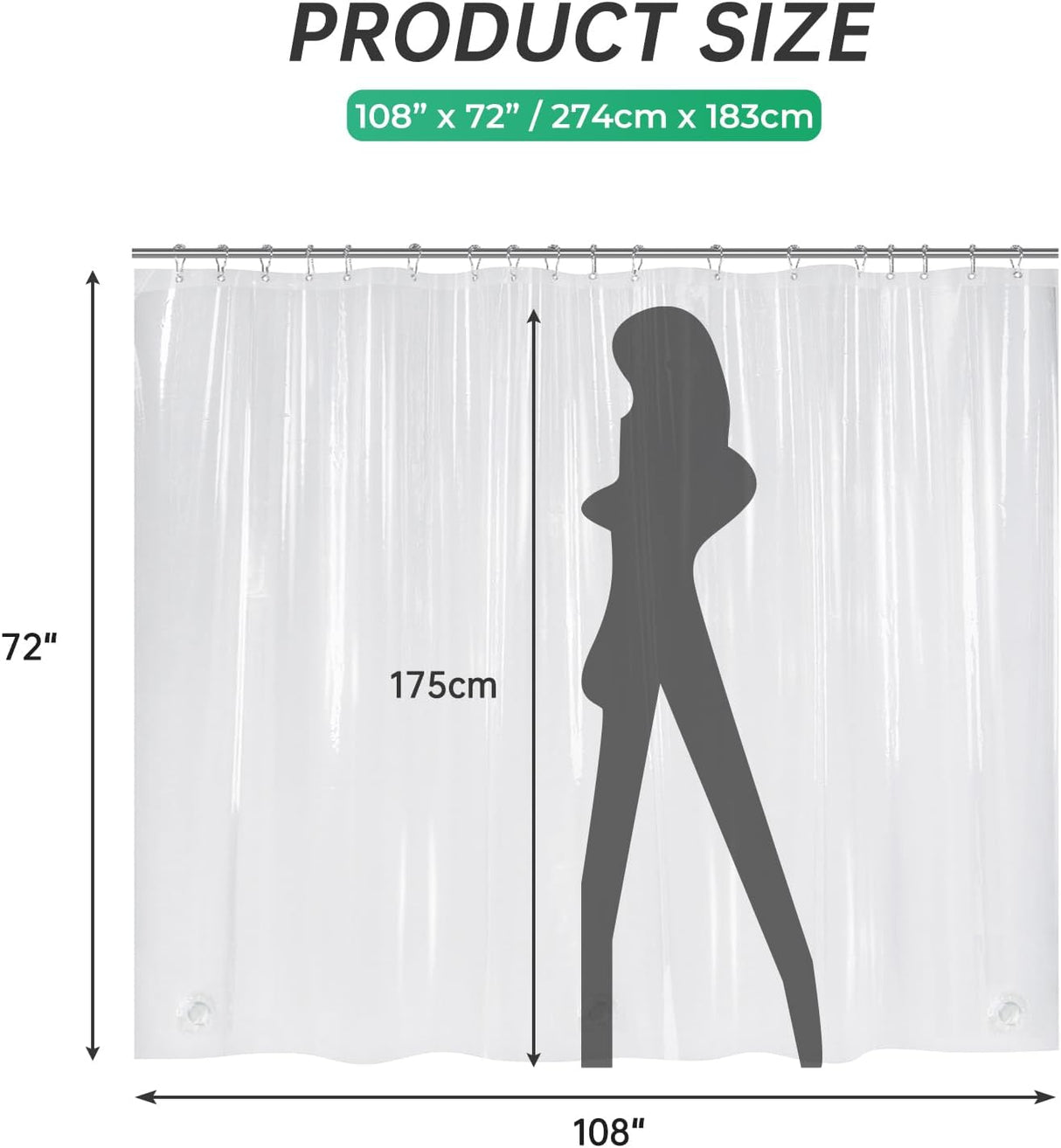 AmazerBath heavy duty 8G PEVA shower curtain liner in Clear, 108"W x 72"L, shown as a waterproof weighted liner.