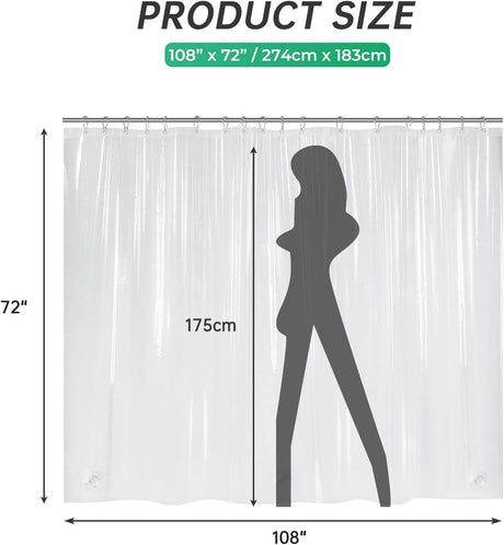 AmazerBath heavy duty 8G PEVA shower curtain liner in Clear, 108"W x 72"L, shown as a waterproof weighted liner.