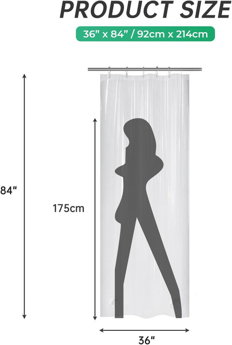 AmazerBath heavy duty 8G PEVA shower curtain liner in Clear, 36"W x 84"L, shown as a waterproof weighted liner.