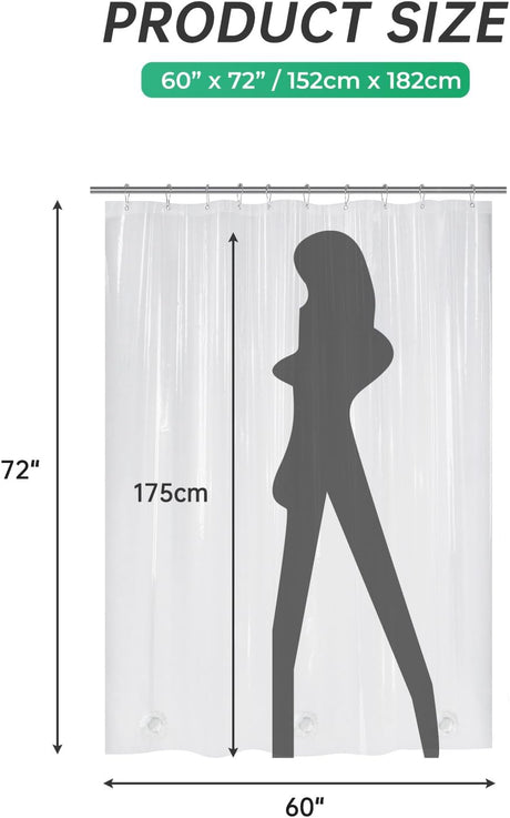 AmazerBath heavy duty 8G PEVA shower curtain liner in Clear, 60"W x 72"L, shown as a waterproof weighted liner.
