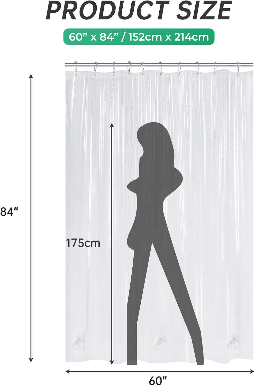 AmazerBath heavy duty 8G PEVA shower curtain liner in Clear, 60"W x 84"L, shown as a waterproof weighted liner.