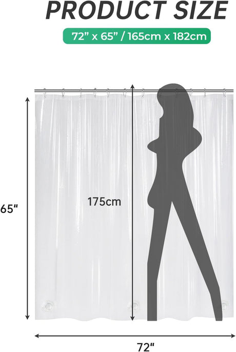AmazerBath heavy duty 8G PEVA shower curtain liner in Clear, 72"W x 65"L, shown as a waterproof weighted liner.