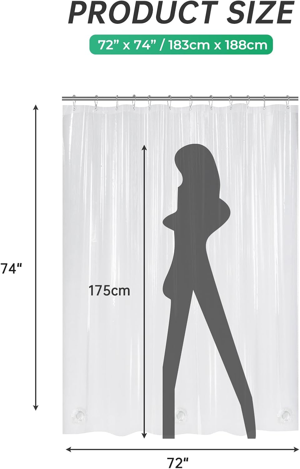 AmazerBath heavy duty 8G PEVA shower curtain liner in Clear, 72"W x 74"L, shown as a waterproof weighted liner.