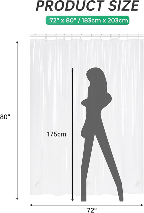 AmazerBath heavy duty 8G PEVA shower curtain liner in Clear, 72"W x 80"L, shown as a waterproof weighted liner.