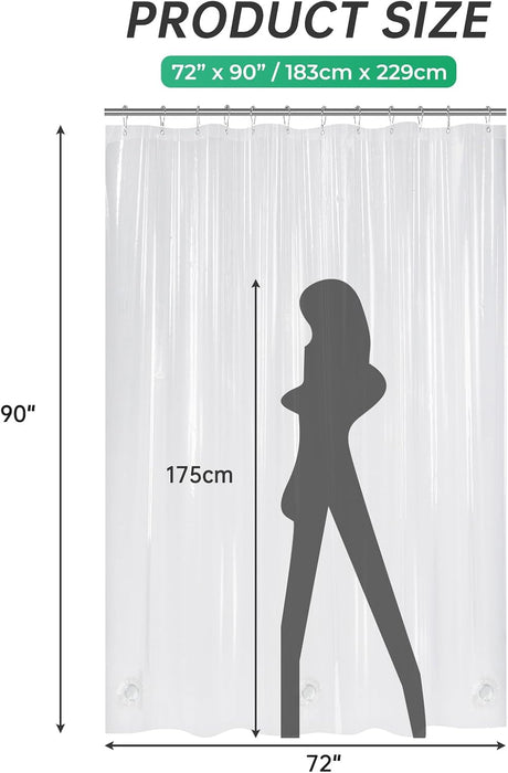 AmazerBath heavy duty 8G PEVA shower curtain liner in Clear, 72"W x 90"L, shown as a waterproof weighted liner.