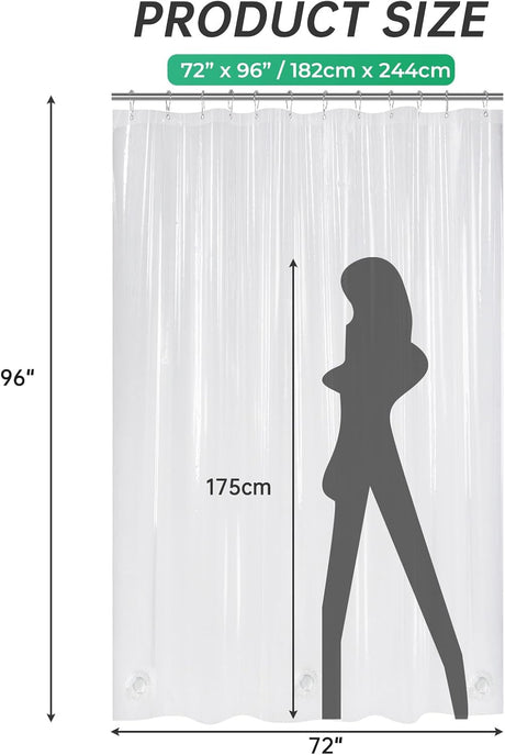 AmazerBath heavy duty 8G PEVA shower curtain liner in Clear, 72"W x 96"L, shown as a waterproof weighted liner.