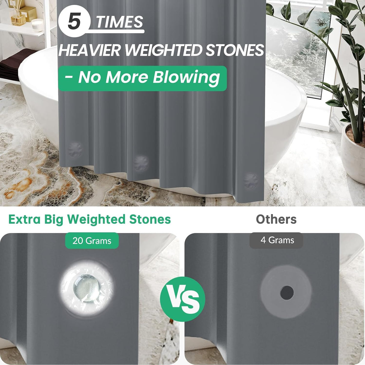 AmazerBath heavy duty 8G PEVA shower curtain liner in Dark Grey, 72"W x 72"L, shown as a waterproof weighted liner.