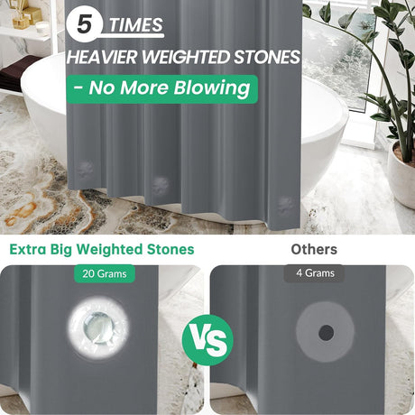 AmazerBath heavy duty 8G PEVA shower curtain liner in Dark Grey, 72"W x 72"L, shown as a waterproof weighted liner.