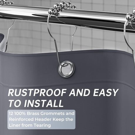 AmazerBath heavy duty 8G PEVA shower curtain liner in Dark Grey, highlighting metal grommets details.