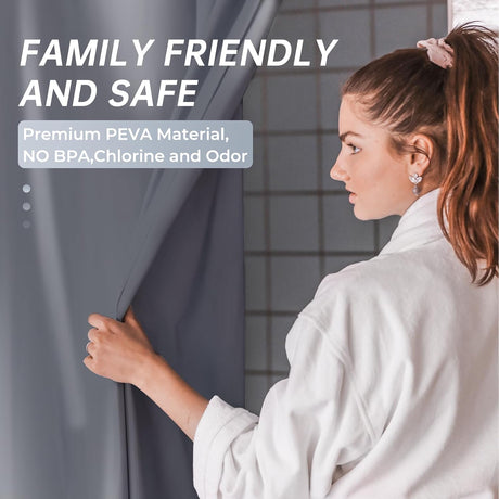 AmazerBath heavy duty 8G PEVA shower curtain liner in Dark Grey, highlighting peva material details.