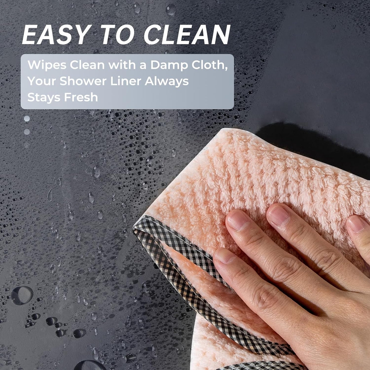 AmazerBath heavy duty 8G PEVA shower curtain liner in Dark Grey, highlighting weighted stones details.