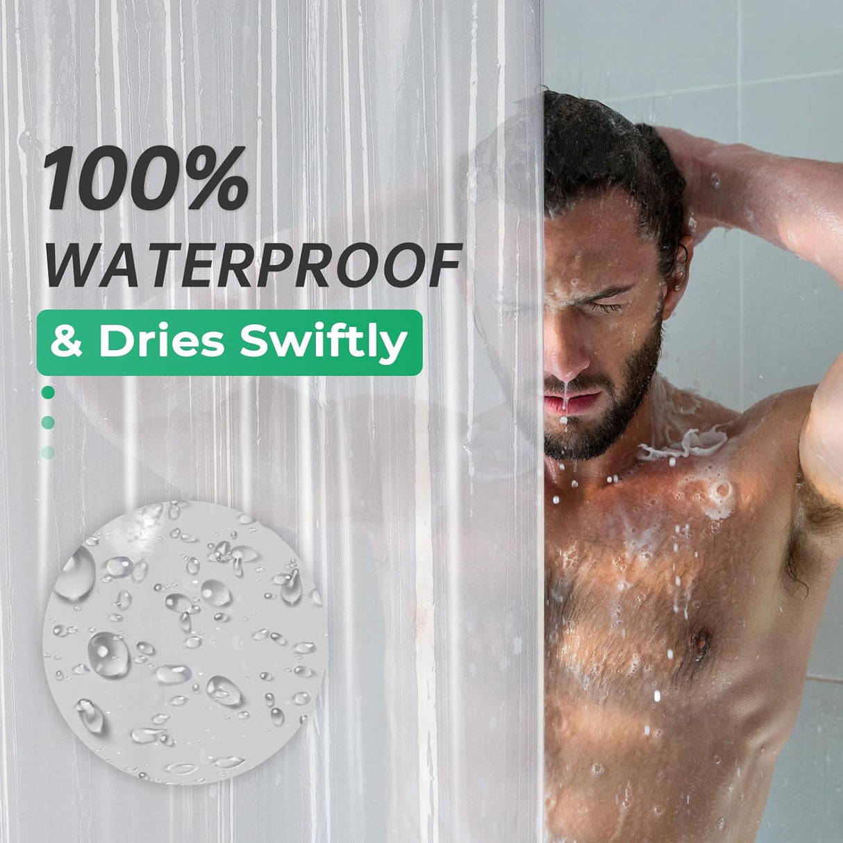 AmazerBath heavy duty 8G PEVA shower curtain liner in Ethereal, highlighting easy clean details.