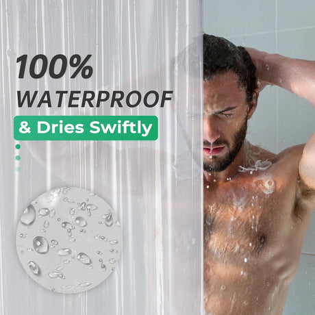 AmazerBath heavy duty 8G PEVA shower curtain liner in Ethereal, highlighting easy clean details.