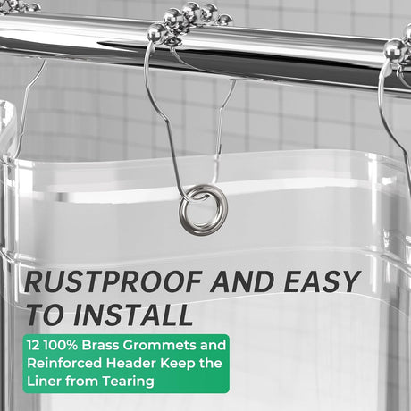 AmazerBath heavy duty 8G PEVA shower curtain liner in Ethereal, highlighting metal grommets details.