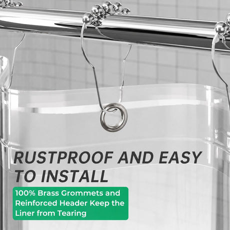 AmazerBath heavy duty 8G PEVA shower curtain liner in Ethereal with rustproof brass grommets and reinforced header.